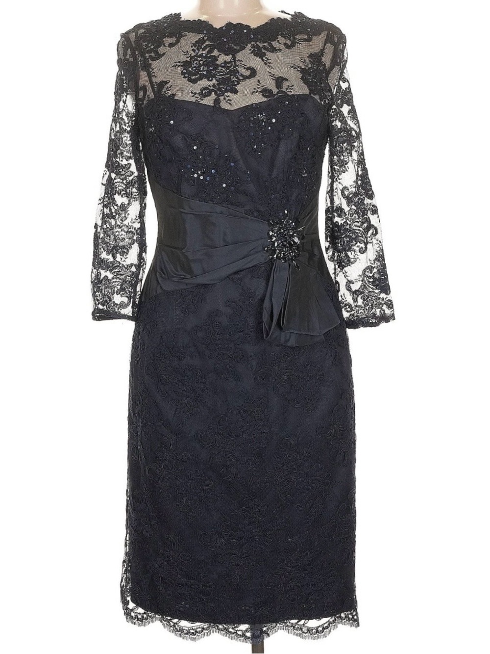 Teri Jon Black Lace Sheath Dress with Beaded Waist Detail